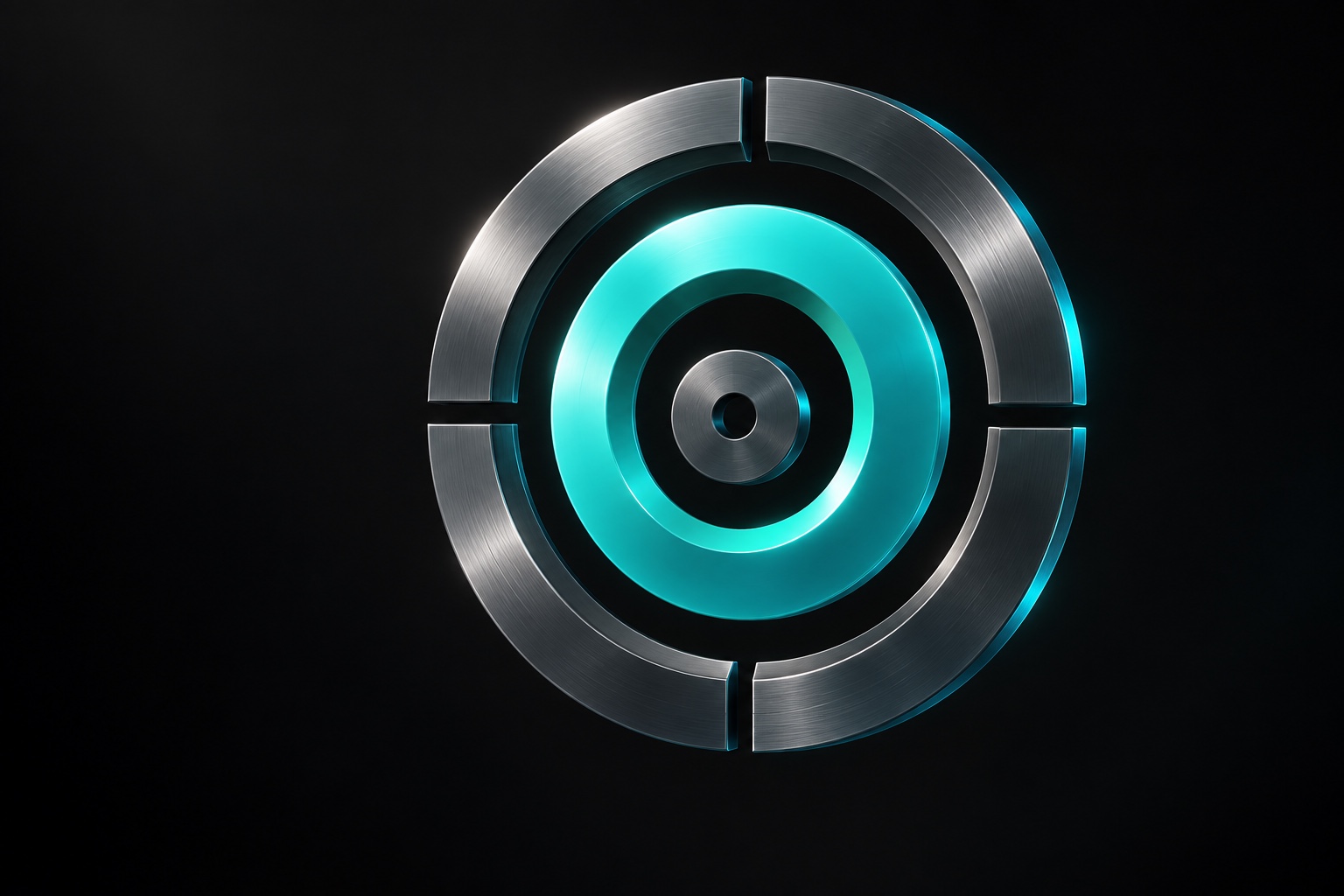 Synkro logo in brushed metal and teal: four outer quarters, a concentric middle ring, and a central washer
